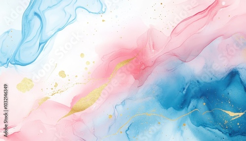 Soft pastel watercolor abstract background with golden accents and fluid textures