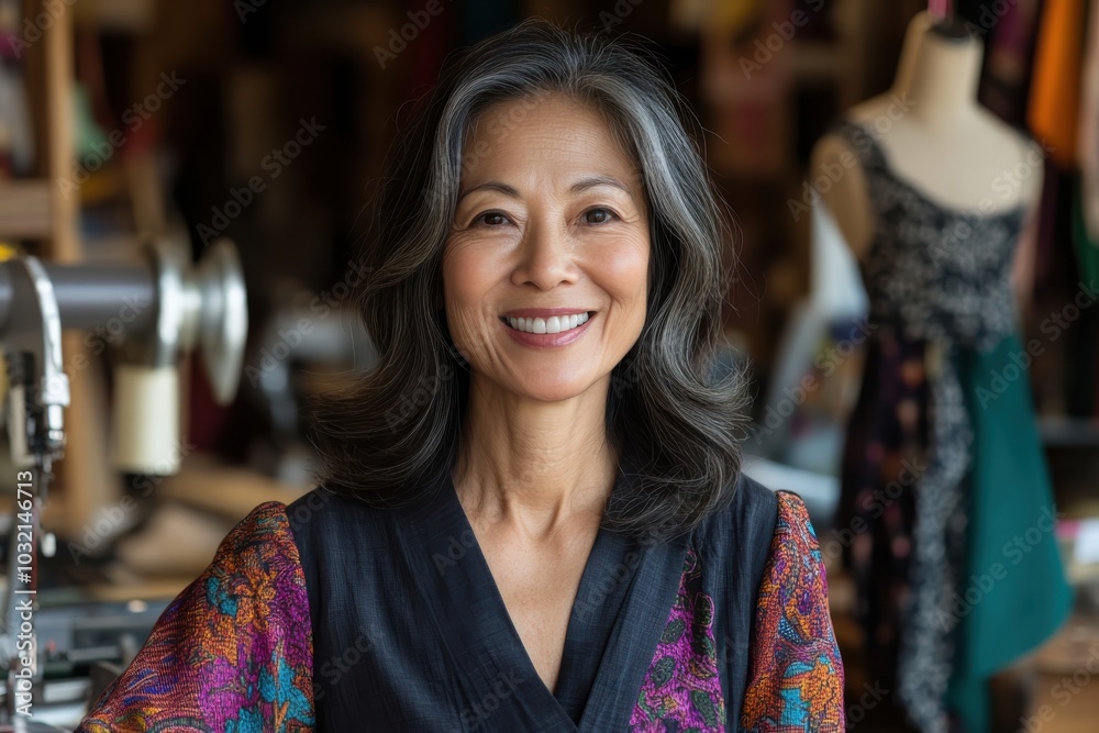 A joyful tailoring expert beams in her cozy sewing nook, surrounded by elegant dresses and materials, embodying passion and creativity in textile art. A joyful tailoring expert beams in her cozy sewing nook, surrounded by elegant dresses and materials, embodying passion and creativity in textile art.