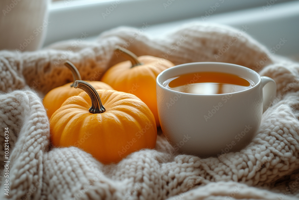 A minimalist flat lay with small pumpkins, a beige knit scarf, and a cup of hot spiced tea, all bathed in soft autumnal light. A minimalist flat lay with small pumpkins, a beige knit scarf, and a cup of hot spiced tea, all bathed in soft autumnal light.