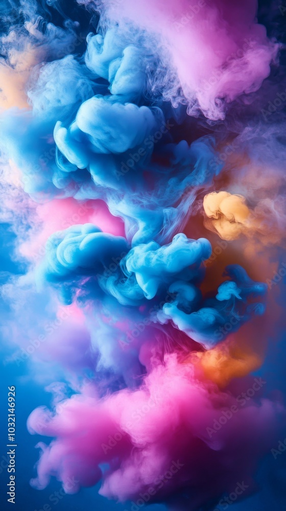 Fototapeta premium Colorful ink swirls underwater, creating vibrant abstract shapes and textures. Blue, pink, purple, and orange blend in a dynamic pattern, flowing like a cloud. Perfect for artistic projects