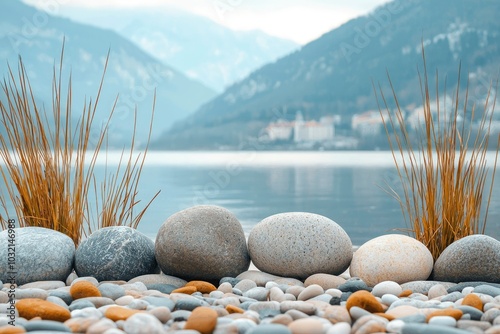 Pebbles and Grass on a Lake Shore with a Mountain Range in the Background photo