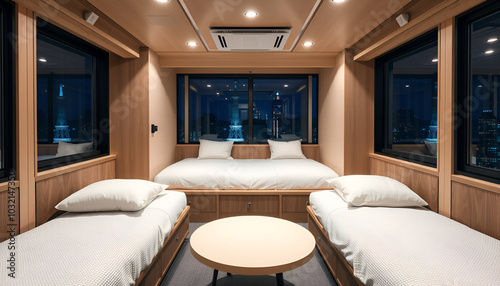 Capsule hotel interior view in Japan photo