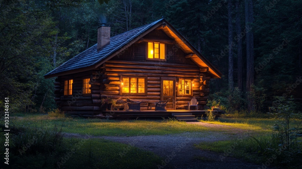 In the dead of night, a warm and appealing log cabin with a rustic facade sparkles. In the dead of night, a warm and appealing log cabin with a rustic facade sparkles.