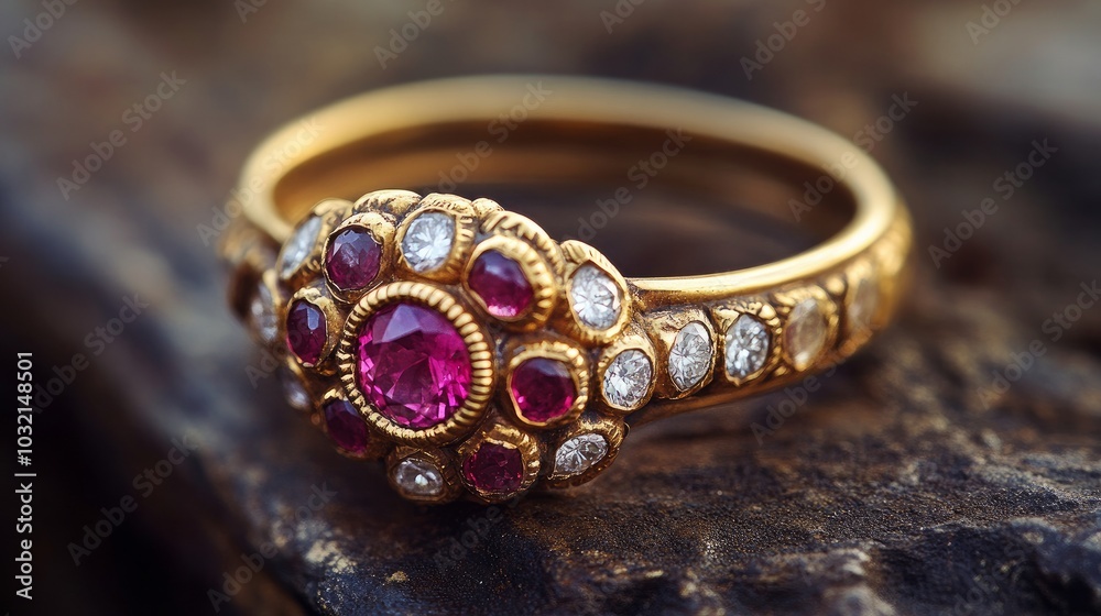 Gorgeous ring made of antique gold set with real rubies and diamonds Gorgeous ring made of antique gold set with real rubies and diamonds