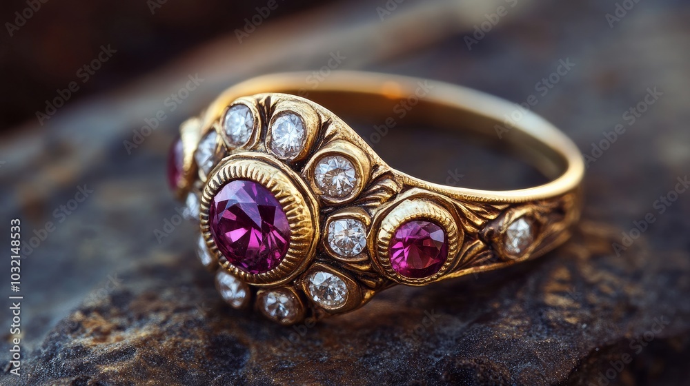 Gorgeous ring made of antique gold set with real rubies and diamonds