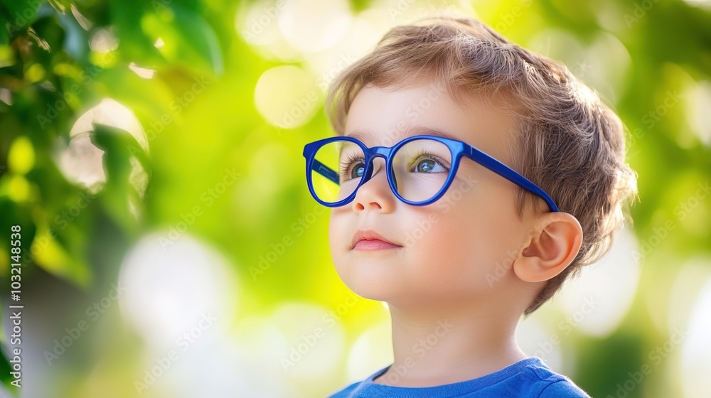Young child wearing blue glasses focusing on distant tree outside window, symbolizing myopia prevention and importance of outdoor activities. Young child wearing blue glasses focusing on distant tree outside window, symbolizing myopia prevention and importance of outdoor activities.
