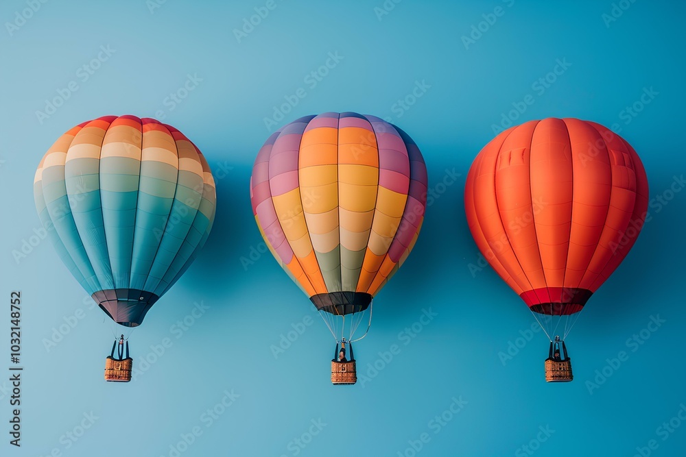 Fototapeta premium Three colorful hot air balloons against a blue background