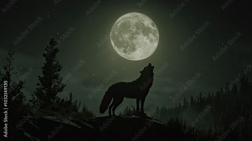 Timberwolf howling at the moon, its silhouette stark against the night sky. Timberwolf howling at the moon, its silhouette stark against the night sky.