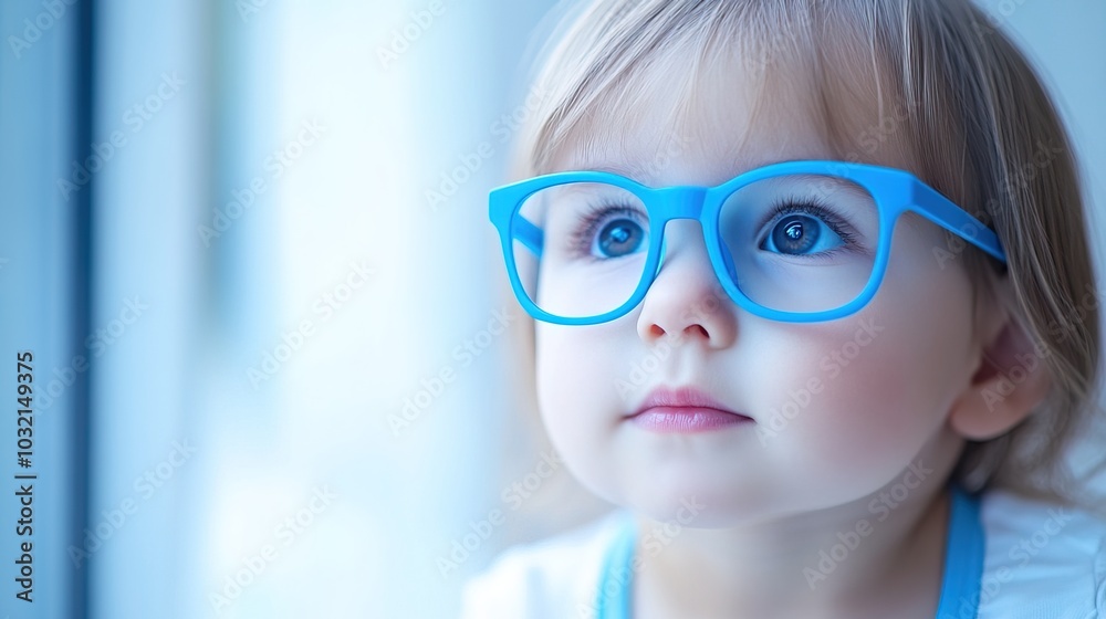 Young child wearing blue glasses focusing on distant tree outside window, symbolizing myopia prevention and importance of outdoor activities. Young child wearing blue glasses focusing on distant tree outside window, symbolizing myopia prevention and importance of outdoor activities.
