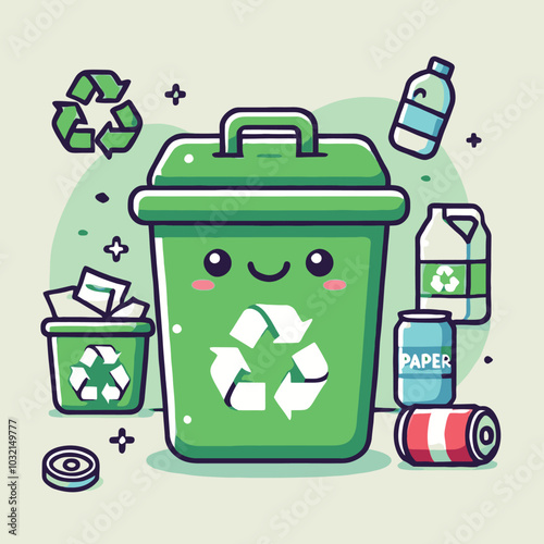 cartoon of a green recycling bin with a smiling face