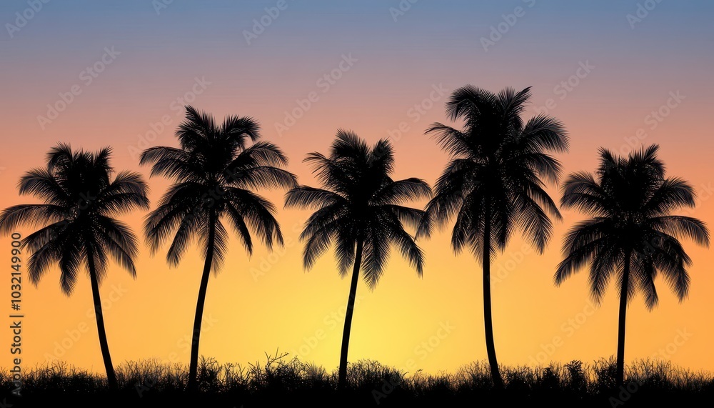Silhouette of palm trees against a vibrant sky at tropical sunrise Silhouette of palm trees against a vibrant sky at tropical sunrise