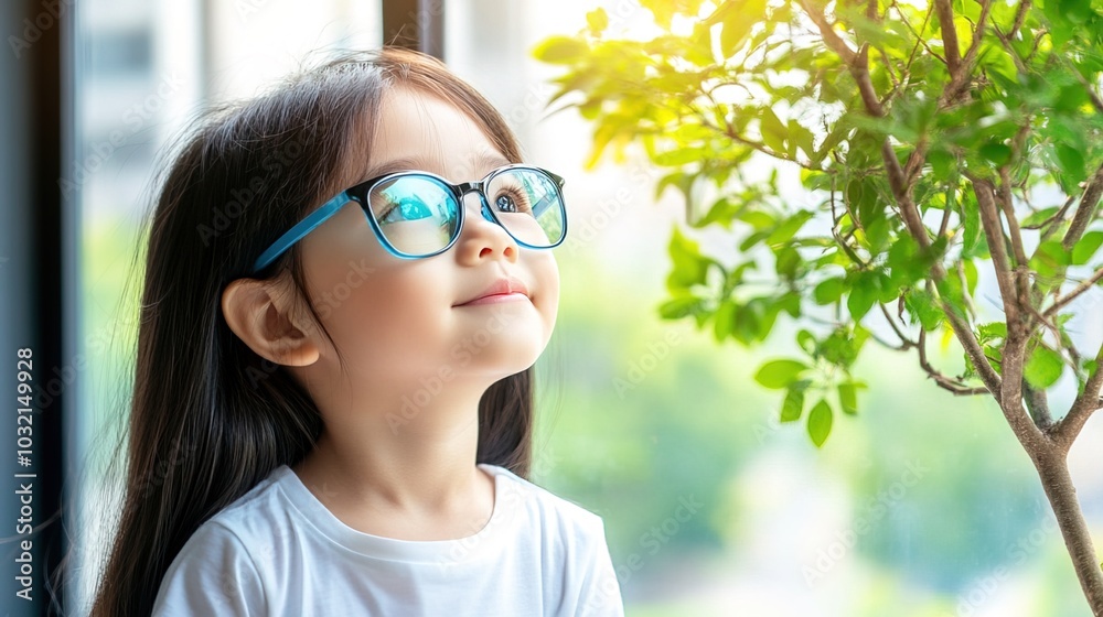 Young child wearing blue glasses focusing on distant tree outside window, symbolizing myopia prevention and importance of outdoor activities. Young child wearing blue glasses focusing on distant tree outside window, symbolizing myopia prevention and importance of outdoor activities.