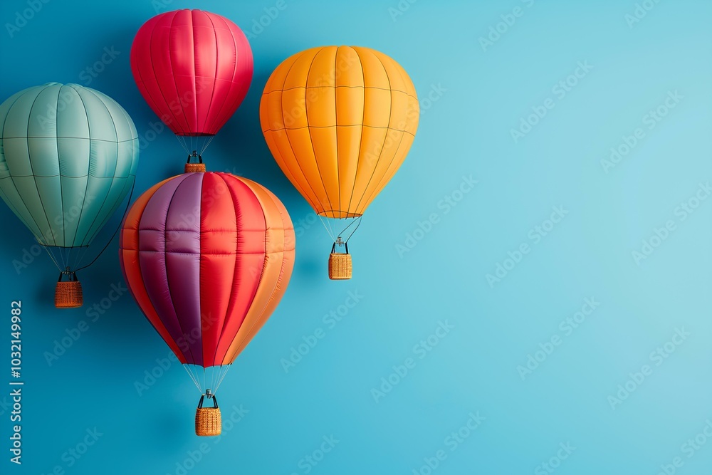 Fototapeta premium Three colorful hot air balloons against a blue background