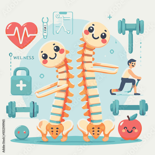 illustration of a cute spine character doing stretching exercises