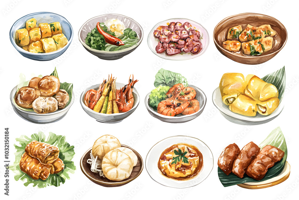 Watercolor collection of thai food isolated on white background Watercolor collection of thai food isolated on white background