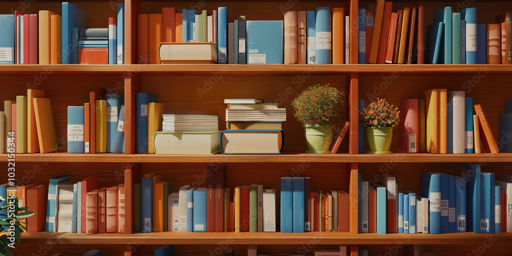 A bookshelf filled with self-help and mental health books, offering guidance and support in shades of warm brown and soft blue. A bookshelf filled with self-help and mental health books, offering guidance and support in shades of warm brown and soft blue.