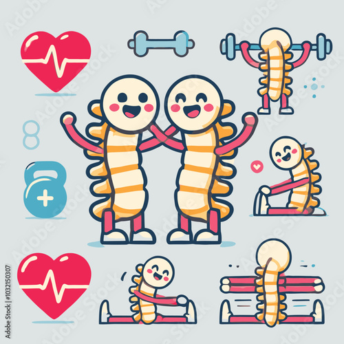 cartoon collection of cheerful spines doing stretching exercises