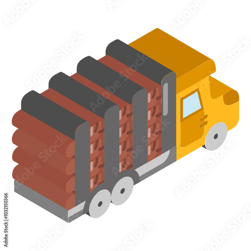 discrete tractor hauling the logs with solid tires isometric concept, Fresh cut pine log on Flatbed vector icon design, timber and lumber Symbol,  forest Deforestation products Sign,mill yard and saw