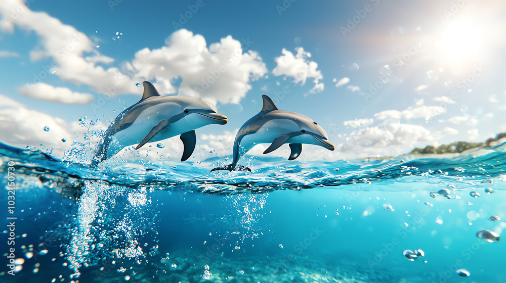 Fototapeta premium Two dolphins playfully leaping out of the clear blue ocean under a bright sky.