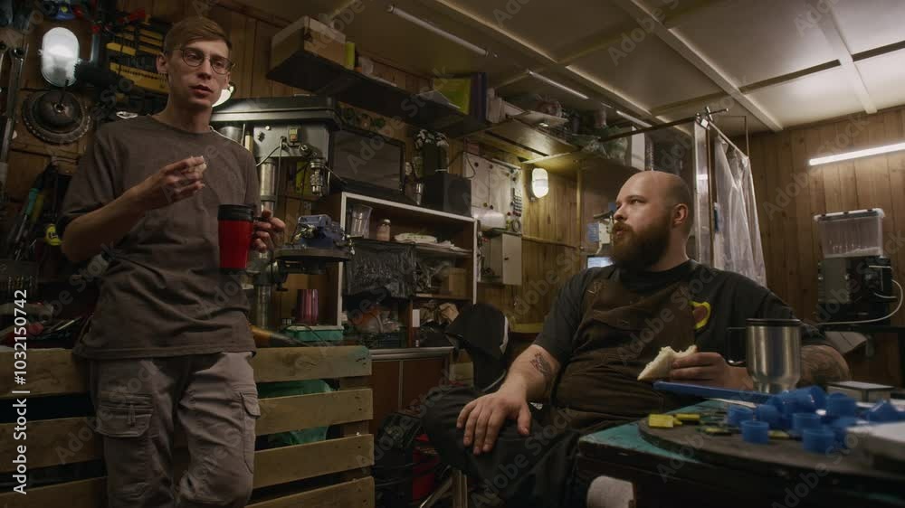 Medium full shot of two Caucasian male mechanics standing in repair workshop or garage, among machinery, tools and supplies, eating sandwiches, drinking coffee and chatting Medium full shot of two Caucasian male mechanics standing in repair workshop or garage, among machinery, tools and supplies, eating sandwiches, drinking coffee and chatting