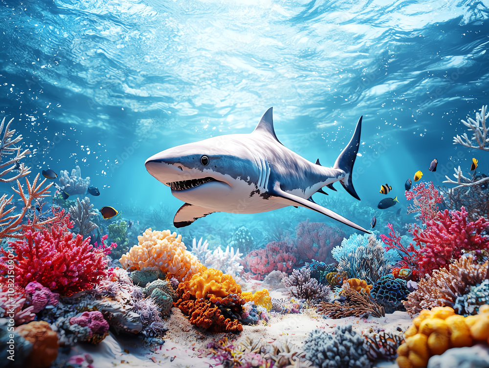 Fototapeta premium Vibrant underwater scene featuring a shark swimming among colorful coral reefs.