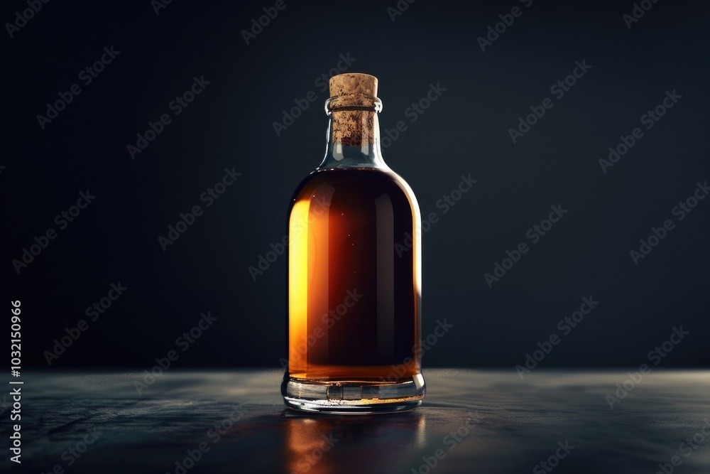 A single bottle of liquor sitting on a table, great for use in still life or bar settings A single bottle of liquor sitting on a table, great for use in still life or bar settings
