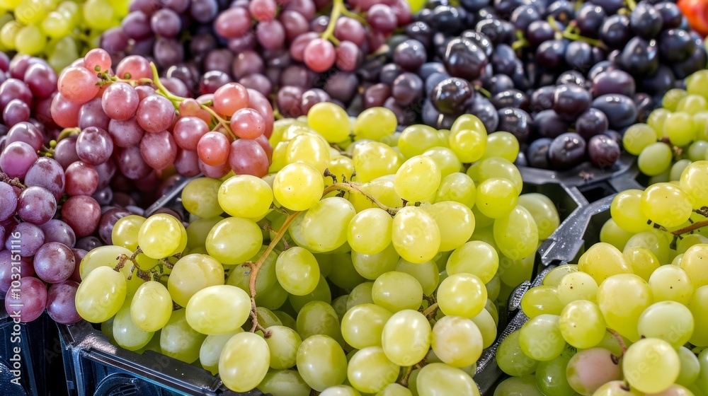 Exquisite, Juicy Grapes Freshly Harvested and Ready for Market: A Colorful Medley of Black, Pink, an Exquisite, Juicy Grapes Freshly Harvested and Ready for Market: A Colorful Medley of Black, Pink, an