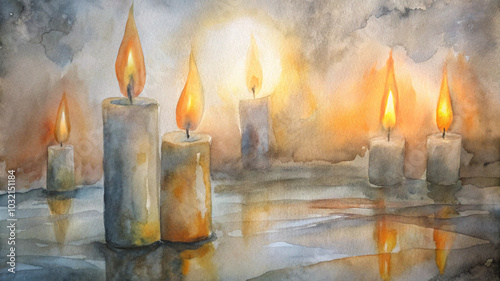 Watercolor painting of stylized candle silhouettes glowing softly, peaceful ambiance
 photo