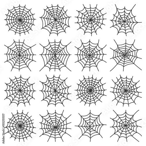 Set of simple spider webs line art vector illustration, spider webs vector handdrawn isolated on a white background