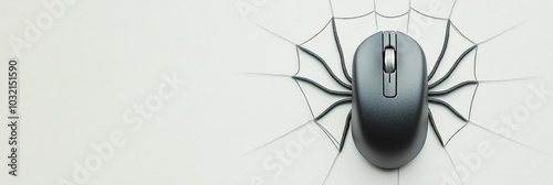 Minimalist Graph of Computer Mouse as Spider on Web - Halloween Technology Concept