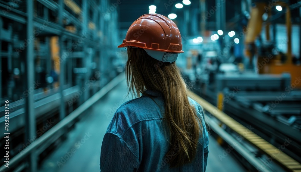Female factory worker in safety helmet observes busy production line at facility Female factory worker in safety helmet observes busy production line at facility