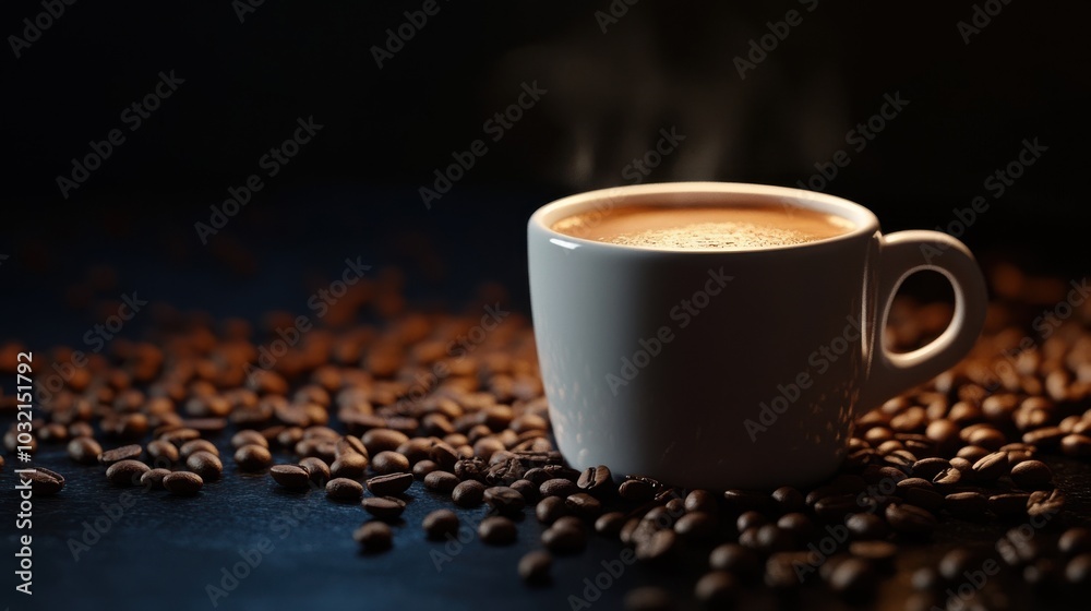 A coffee cup placed on a dark matte surface, surrounded by scattered coffee beans, with a dimly lit background and focused light on the cup creating an intense contrast A coffee cup placed on a dark matte surface, surrounded by scattered coffee beans, with a dimly lit background and focused light on the cup creating an intense contrast