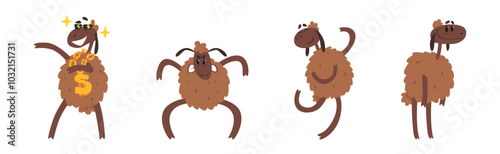 Funny Sheep Character with Brown Wool Coat Vector Set