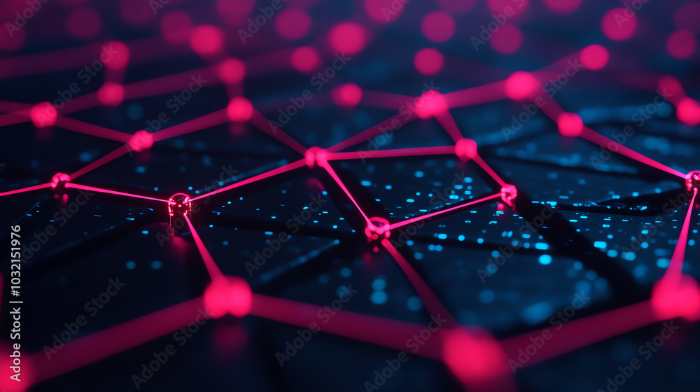 A close-up view of a digital network structure with vibrant red nodes connected by intricate lines, set against a dark background, showcasing modern technological concepts.