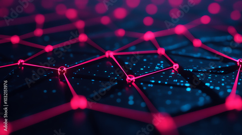 Obraz na płótnie A close-up view of a digital network structure with vibrant red nodes connected by intricate lines, set against a dark background, showcasing modern technological concepts. w salonie