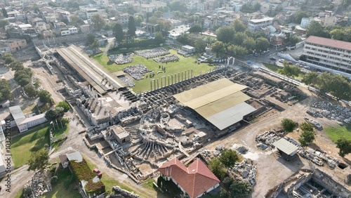 Izmir agora ancient city - high quality aerial view of izmir agora from drone - smyrna agora