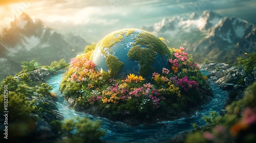 Fototapeta Naklejka Na Ścianę i Meble -  Vibrant forested earth in the center of a scenic landscape encircled by wildlife clean waters and blooming flowers showcasing nature's harmony and the effort to protect our planet