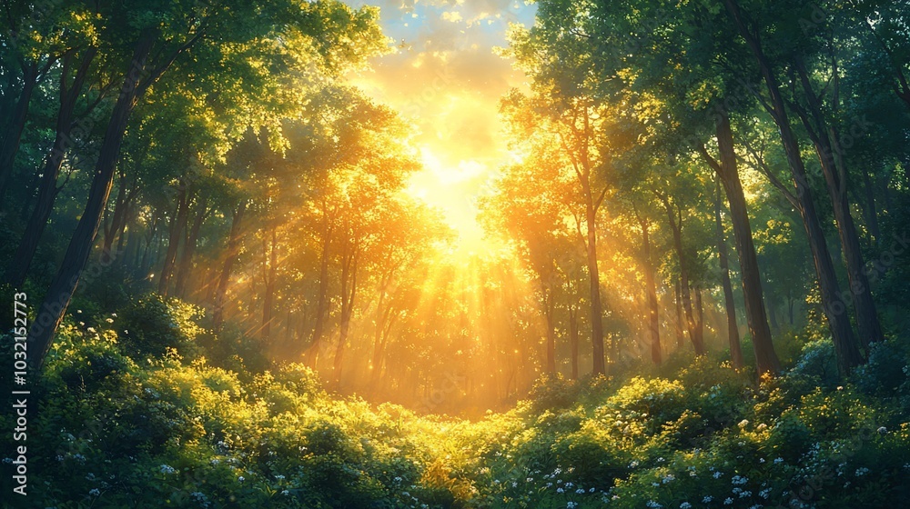 A serene forest scene illuminated by golden sunlight, creating a tranquil atmosphere. A serene forest scene illuminated by golden sunlight, creating a tranquil atmosphere.