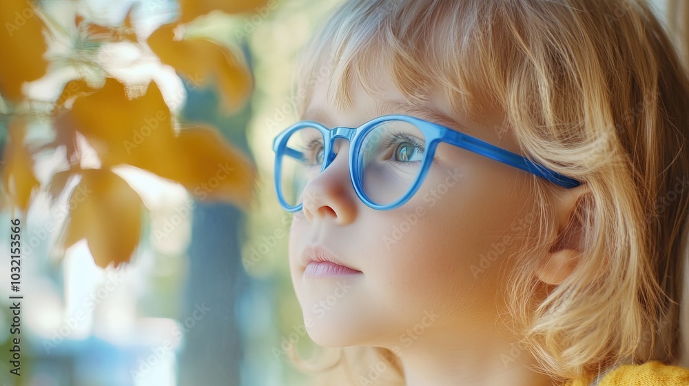 Young child wearing blue glasses focusing on distant tree outside window, symbolizing myopia prevention and importance of outdoor activities. Young child wearing blue glasses focusing on distant tree outside window, symbolizing myopia prevention and importance of outdoor activities.