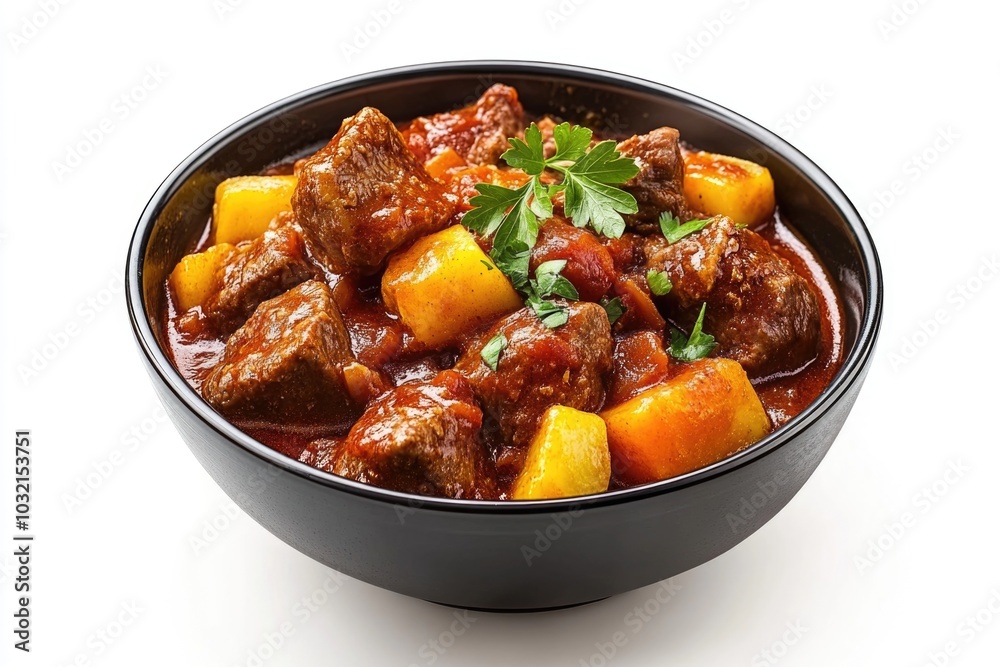 A hearty bowl of potato stew with tender meat A hearty bowl of potato stew with tender meat