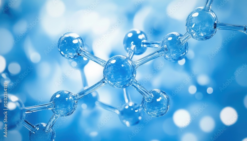 Blue molecular structure in liquid serum depicting atomic and DNA models Blue molecular structure in liquid serum depicting atomic and DNA models