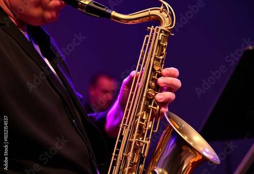 A musician improvising a jazz solo on a saxophone weaving togeth photo