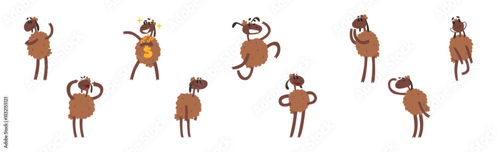 Fototapeta premium Funny Sheep Character with Brown Wool Coat Vector Set