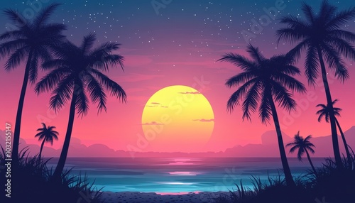 Wallpaper Mural Tropical sunset with palm tree silhouettes over serene beach and ocean waves Torontodigital.ca