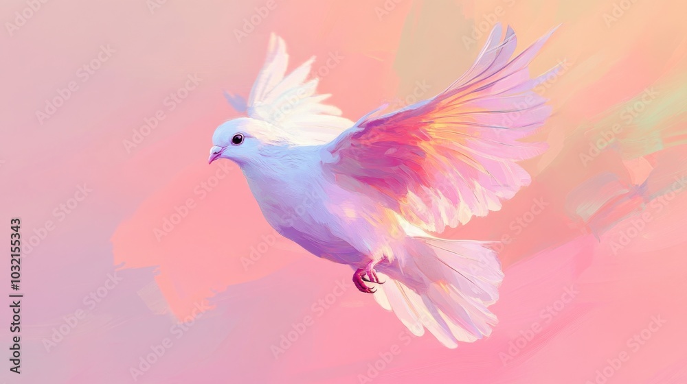 A peaceful scene with a white dove soaring through a clear blue sky, surrounded by fluffy clouds