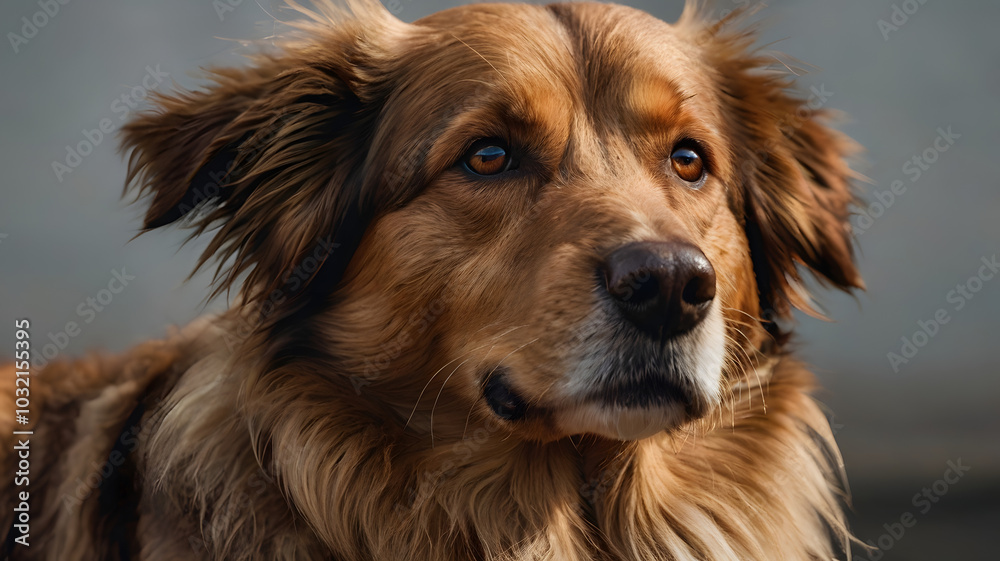 Fototapeta premium A black and white dog with a brown collar is sitting on the ground