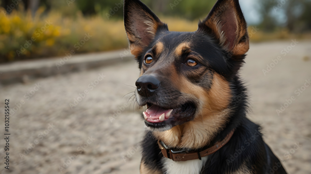 A black and white dog with a brown collar is sitting on the ground A black and white dog with a brown collar is sitting on the ground