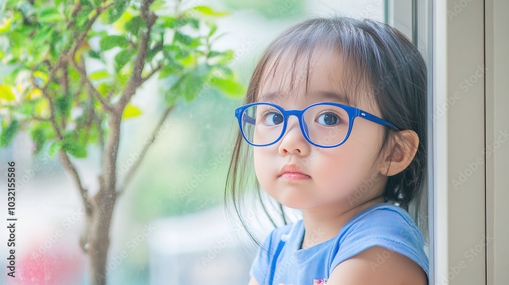 Young child wearing blue glasses focusing on distant tree outside window, symbolizing myopia prevention and importance of outdoor activities. Young child wearing blue glasses focusing on distant tree outside window, symbolizing myopia prevention and importance of outdoor activities.