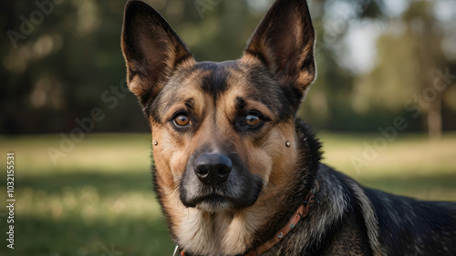 A black and white dog with a brown collar is sitting on the ground