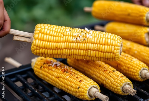 Close up of a person grilling fresh corn on the cob with a sprin photo